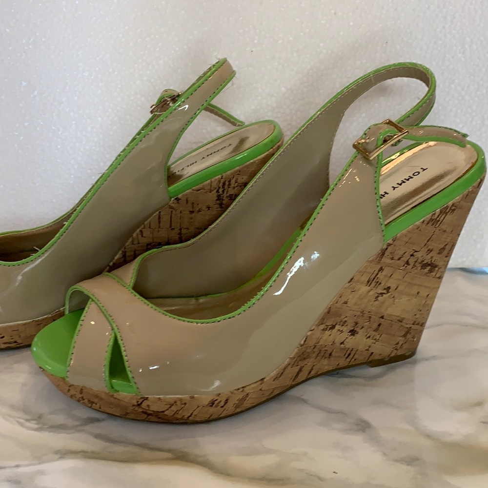 Tommy Hilfiger patent lime green and beige open toe cork wedge . Size 7.5 M